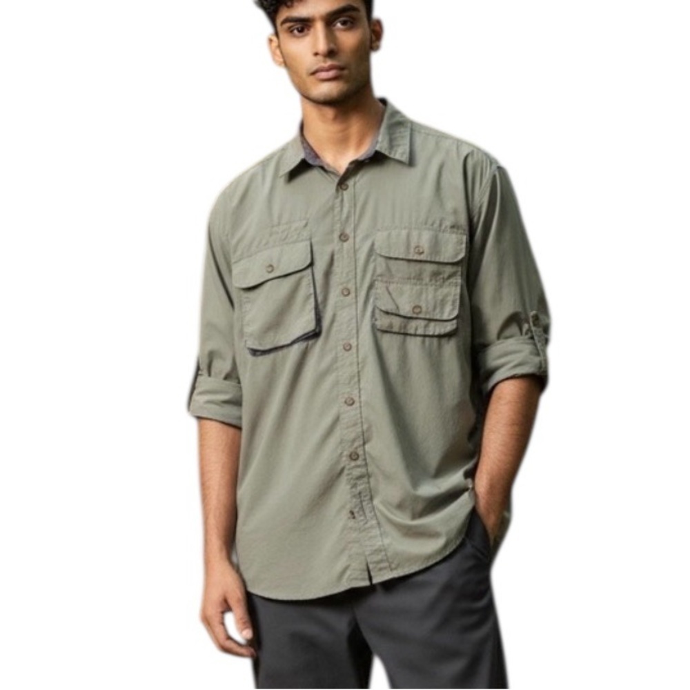 Orvis Vintage Men’s Green Nylon Outdoor Utility Fishing Shirt Long Sleeve Large